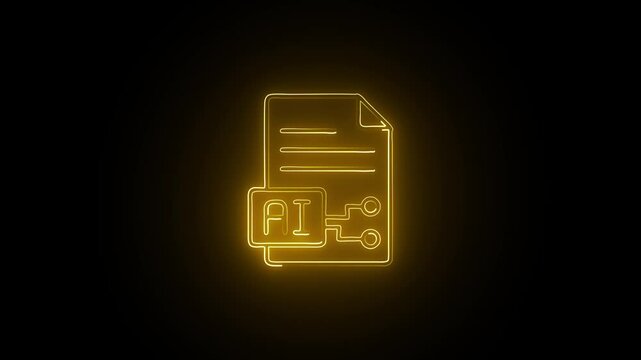 Radiant Neon Yellow Page Icon Animation in Darkness. Minimal Yellow Neon Article Logo Animation on Black Background. Shining Yellow Document Symbol in Neon Style Over Black.