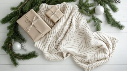 Cozy holiday arrangement with knitted blanket, gifts and evergreen branches