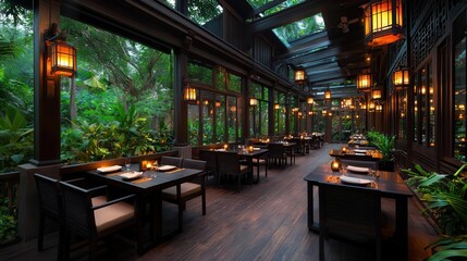 Serene restaurant interior surrounded by lush greenery and natural light.