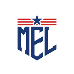 Patriotic MEL Logo with Star and American Flag Straps. Letter MEL Logo with USA Flag