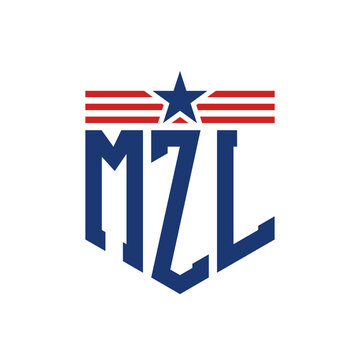 Patriotic MZL Logo with Star and American Flag Straps. Letter MZL Logo with USA Flag