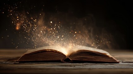 Magical Open Antique Book Glowing Golden Particles Fantasy Illumination Mysterious Vintage Book Old Pages Wooden Table Dark Background Dramatic Light Rays Enchanting Spellbinding  