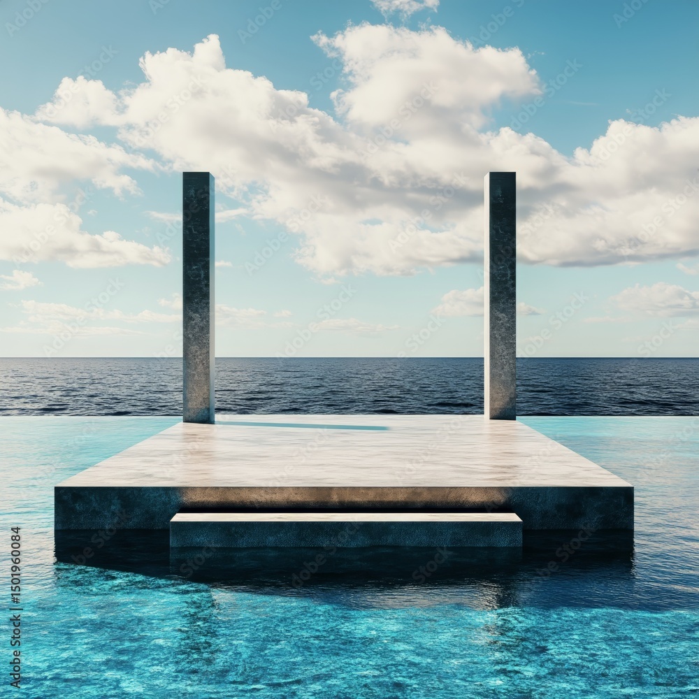 Poster serenity at ocean view platform with clouds and calm waters during midday