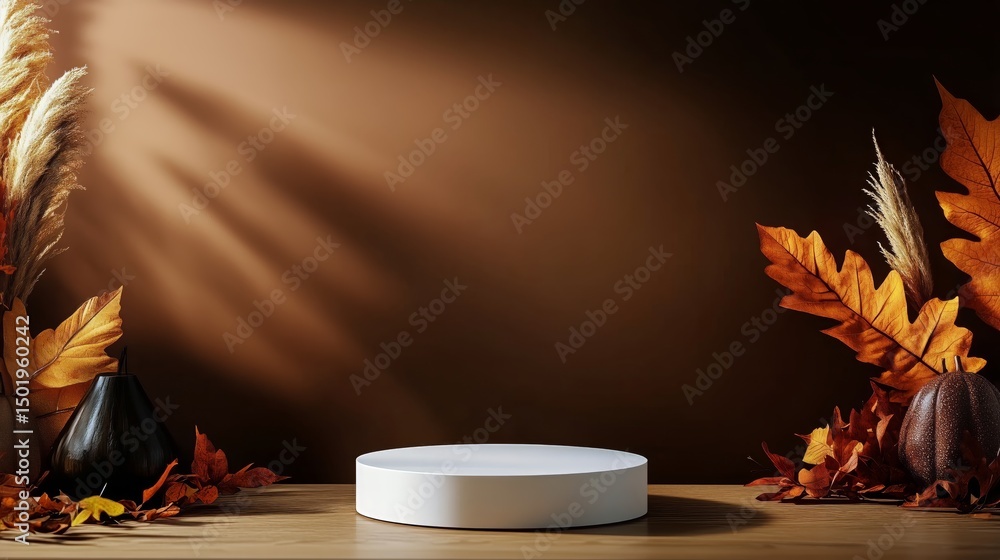 Poster warm autumn display featuring decorative items on a wooden table with shadows