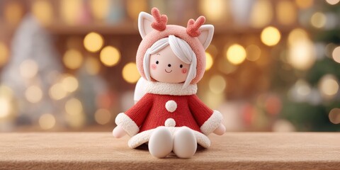 Fototapeta premium Small doll with white hair wearing a red dress, isolated on white background, studio lighting.