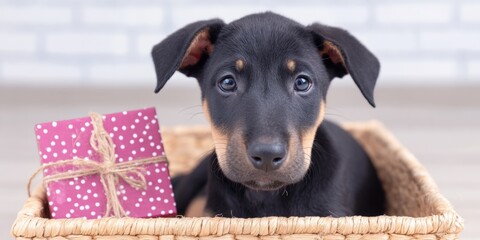Small black dog sitting inside a wicker basket next to a wrapped gift box on a neutral background.