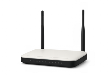 Sleek wireless router featuring dual antennas, designed for optimal internet connectivity, isolated on a transparent background for versatile use