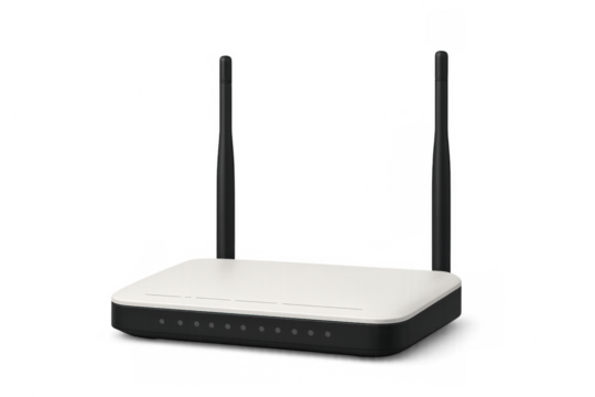 Sleek wireless router featuring dual antennas, designed for optimal internet connectivity, isolated on a transparent background for versatile use