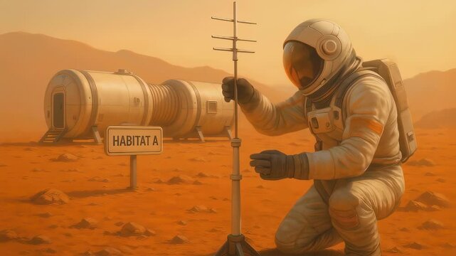 Astronaut in protective suit adjusts communication equipment near cylindrical habitat module on Mars