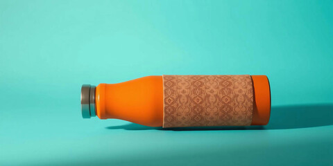 Orange and Teal Thermal Bottle with Cork Sleeve on Aqua Background 