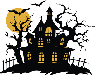  Halloween-Themed Haunted House Vector Design – Spooky Castle and Bats.