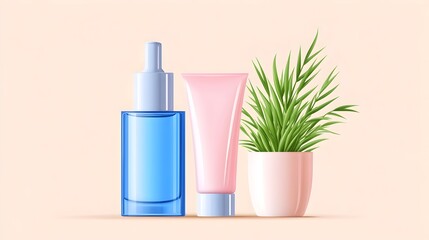 A blue glass dropper bottle, pink tube, and small potted plant sit on a light peach background.  Clean, minimalist aesthetic