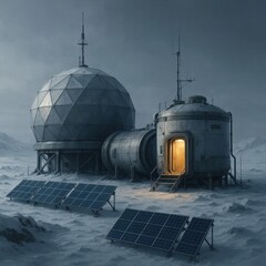 Futuristic lunar base featuring geodesic domes and solar panels, illuminated by a warm glow, set against a serene, snow-covered lunar landscape.