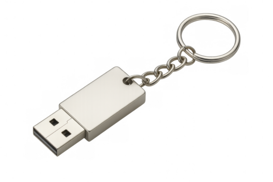 Close-up of a silver usb flash drive keychain hanging against a transparent background, ready for easy data transport
