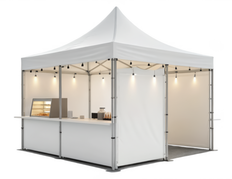 Pop-up kiosk tent png portable canopy tent png event pop-up booth png instant setup market tent png promotional display shelter png transparent background