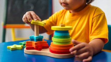 Kid playing with wood toys at preschool classroom. Kindergarten education games for children
