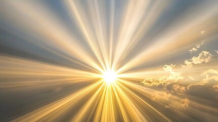 The warmth of sunlight glowing through scattered clouds in a peaceful sky, with golden hues creating a soft, tranquil ambiance.