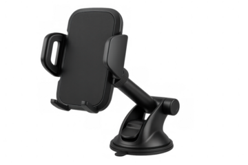 Black adjustable car phone holder mounting securely to dashboard or windshield with suction base, positioned against transparent background