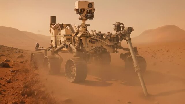 Robotic rover navigates challenging Martian landscape, kicking up dust while moving across rocky desert terrain with mountain range in background.