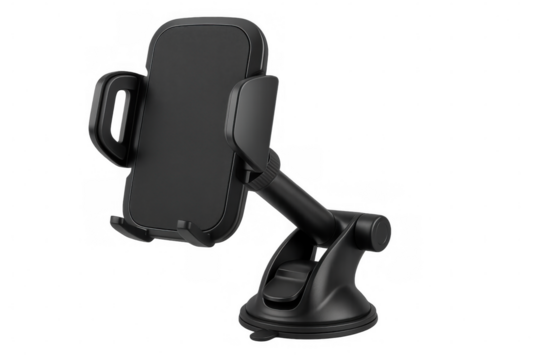 Black adjustable car phone holder mounting securely to dashboard or windshield with suction base, positioned against transparent background