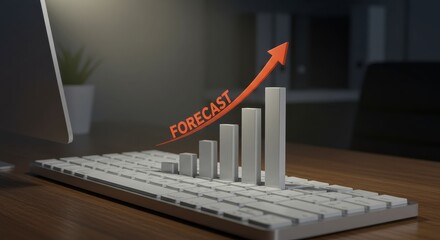 Business forecast projection. Digital bar graph with red trend line on office keyboard showing future growth and planning success