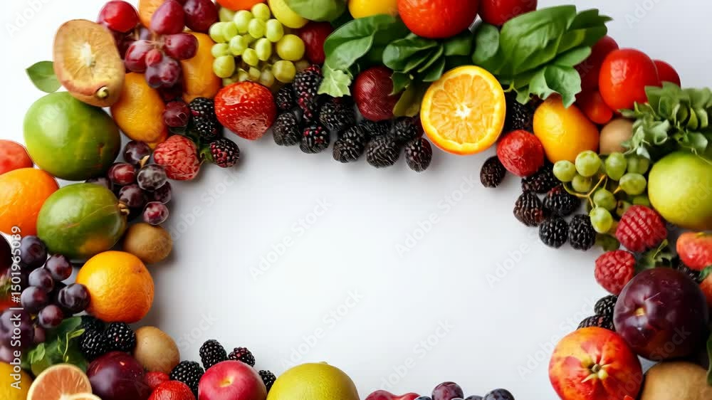 Poster a visually appealing and healthy food arrangement created with assorted fruits forming a frame aroun