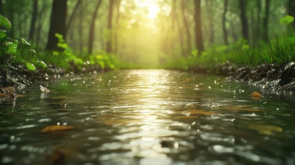 Fototapeta premium Serene forest stream illuminated by soft sunlight.