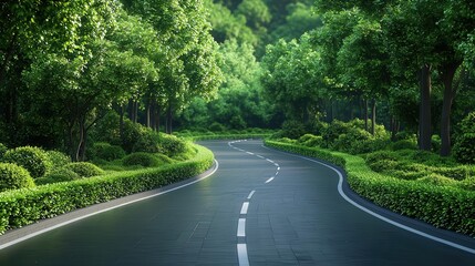 Obraz premium A winding road surrounded by lush greenery and trees.