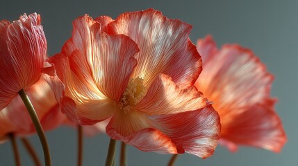   Close-up shot of flowers in a vase with water drops on petals against a gray backdrop
