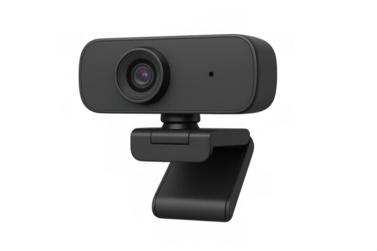Modern black webcam on a transparent background, ready for video conferencing, streaming, or online communication