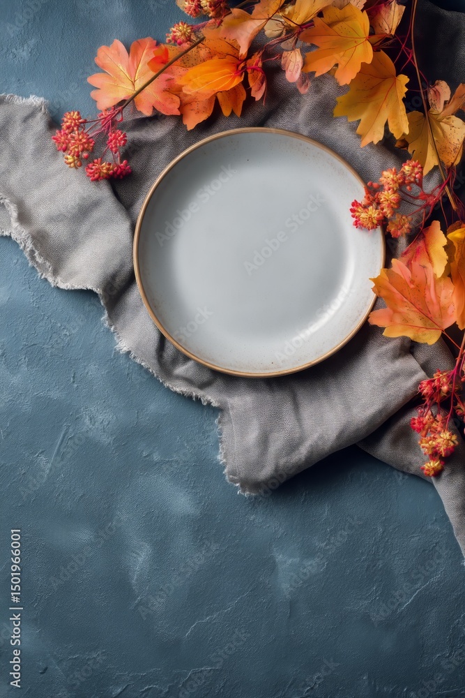 Poster autumn table setting with empty plate and colorful leaves on textured fabric