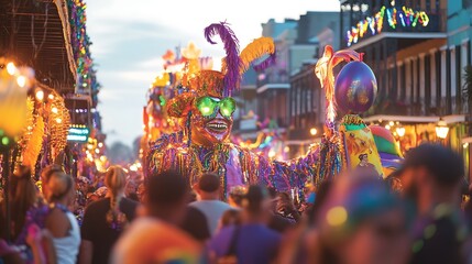 Fototapeta premium Colorful parade float at night in a crowded street.