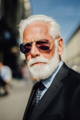 Senior Man With Silver Hair and Sunglasses Stands Confidently in a City Setting on a Sunny Day