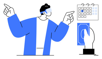 Man wearing VR headset pointing at calendar and digital payment object. Ideal for technology, innovation, planning, scheduling, finance, virtual interaction, future concepts. Flat simple metaphor