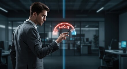 Focus leadership. Businessman point to digital gauge showing concentration, task management, performance boost, strategy clarity and business effectiveness