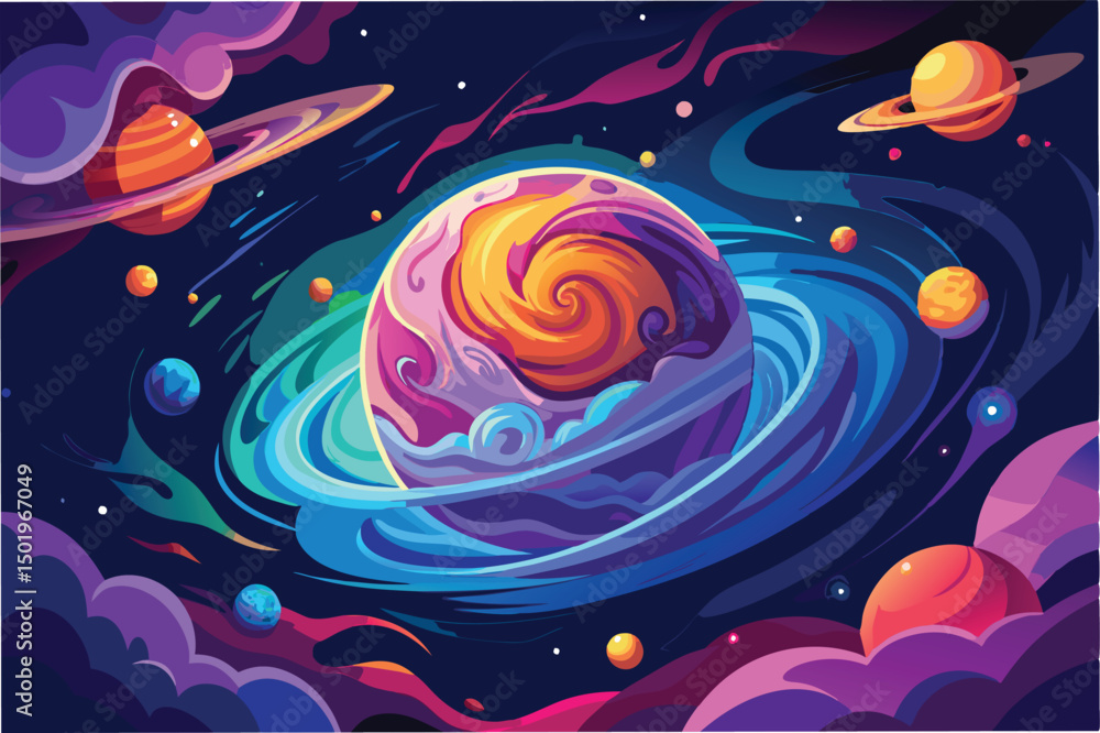 Wall mural colorful vector illustration depicting a swirling galaxy with vibrant planets and cosmic elements in