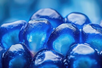 A close-up showcases glistening, deep blue seeds clustered together, creating a visually striking and textured abstract design with bright colors.