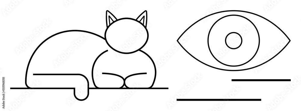 Poster minimalist outline of a resting cat paired with an abstract eye and geometric lines. ideal for simpl