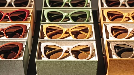 Cat eye sunglasses in various colors are neatly arranged in individual boxes, creating an attractive display for customers browsing eyewear options