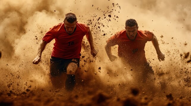Two determined athletes sprint through a cloud of dust and mud during a challenging outdoor race.