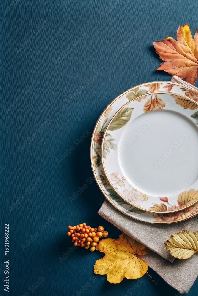 Poster autumn inspired table setting with leaves and plates on a textured surface