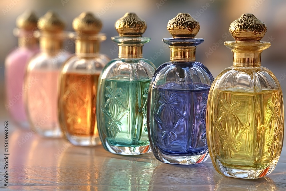 Poster elegant glass perfume bottles, filled with various colorful fragrances, are lined up on a reflective