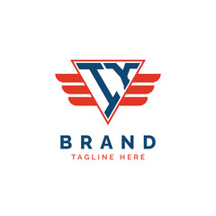 Patriotic IY Logo Initials. Letter IY Winged Logo. Red and Blue Triangle IY with Wing for Aviation, Delivery Services, Sports, Military and Security Agencies