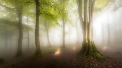 Foggy forest landscape with soft beams of sunlight streaming through the trees, creating a peaceful and captivating atmosphere with misty surroundings