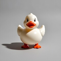 cute, white rubber duck toy with an orange beak and feet on a plain White background