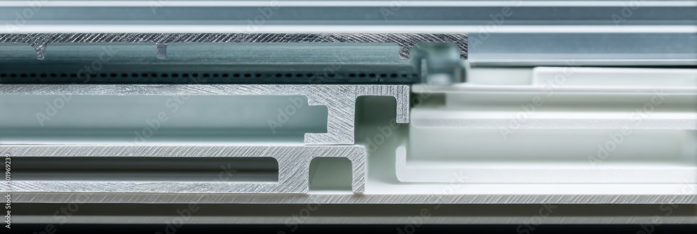 Poster close-up view of metal profiles for drywall construction with a soft white background