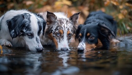 Three adorable dogs drinking water from a stream in a peaceful autumnal setting.  A heartwarming scene of nature and companionship.
