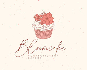 Bakery confectionery label design with lettering bloomcake drawing in floral style on beige background