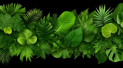 Lush horizontal panorama of diverse, vibrant green tropical foliage against a black background