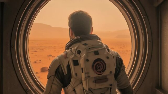 Astronaut observing rocky terrain through spacecraft window. Contemplative moment during interplanetary mission. Isolated Martian landscape with distant mountains.